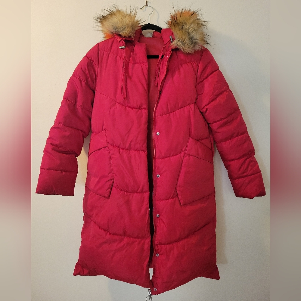Women's Red Puffer Coat with Faux Fur Hood